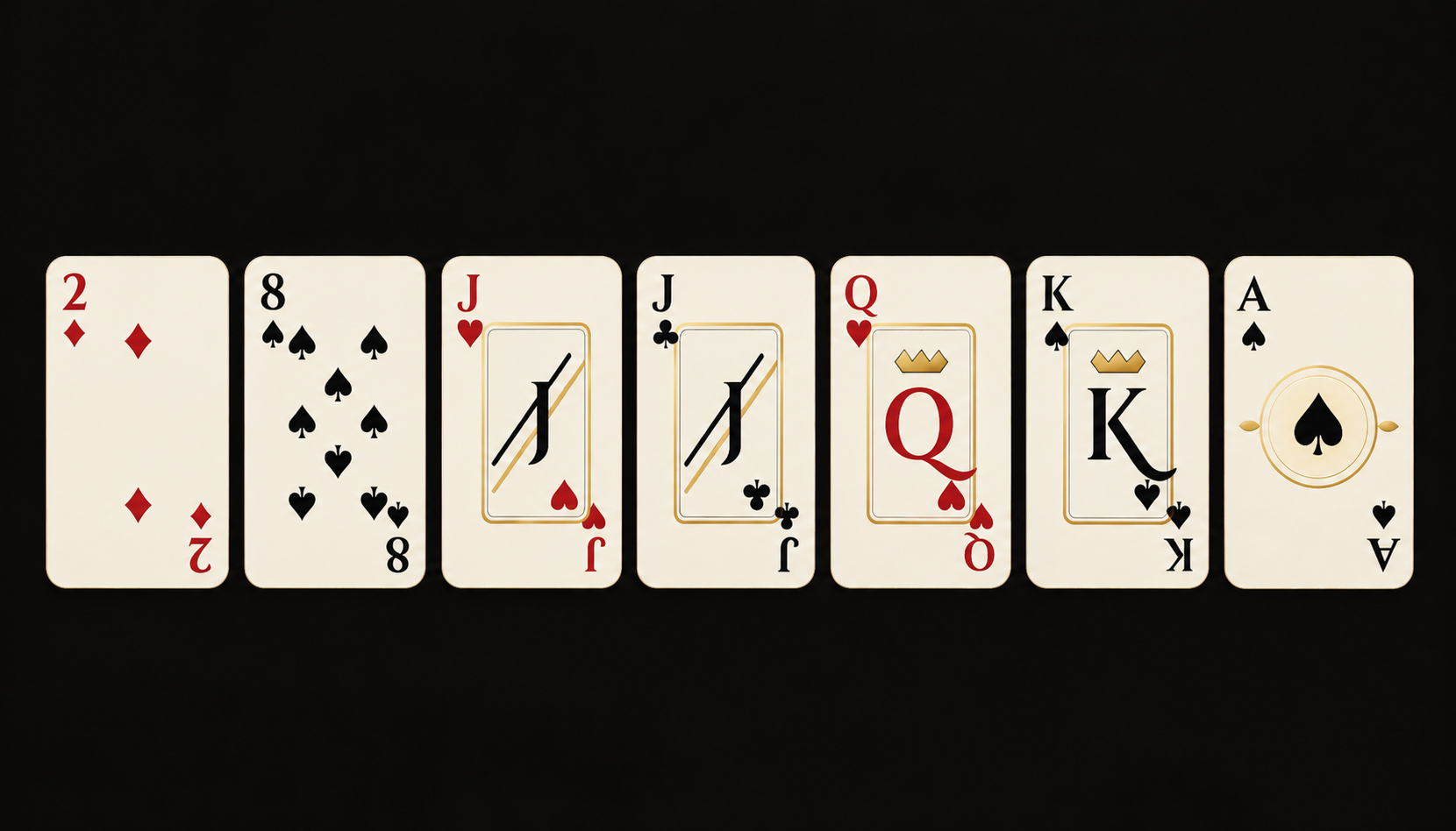 No Jokers Black Jack power cards laid out on a black surface — 2 of diamonds, 8 of spades, Jack of hearts, Jack of clubs, Queen of hearts, King of spades, and Ace of spades — each with gold-trimmed frame detailing