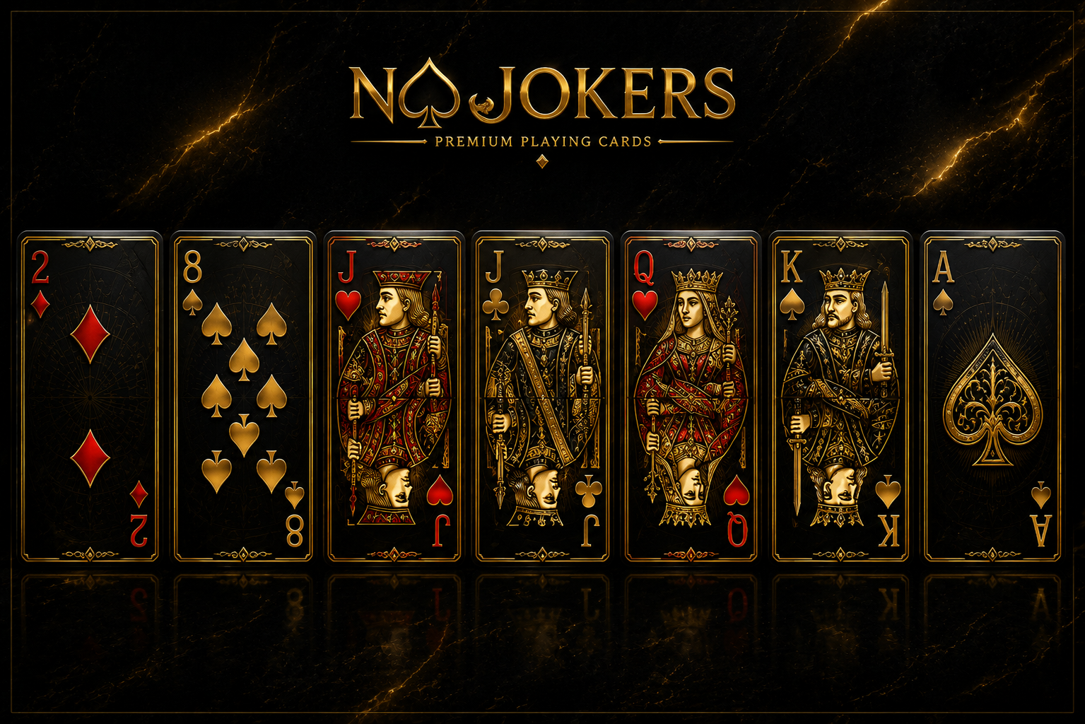 No Jokers Black Jack official premium playing card set — 2 of diamonds, 8 of spades, Jack of hearts, Jack of clubs, Queen of hearts, King of spades, Ace of spades