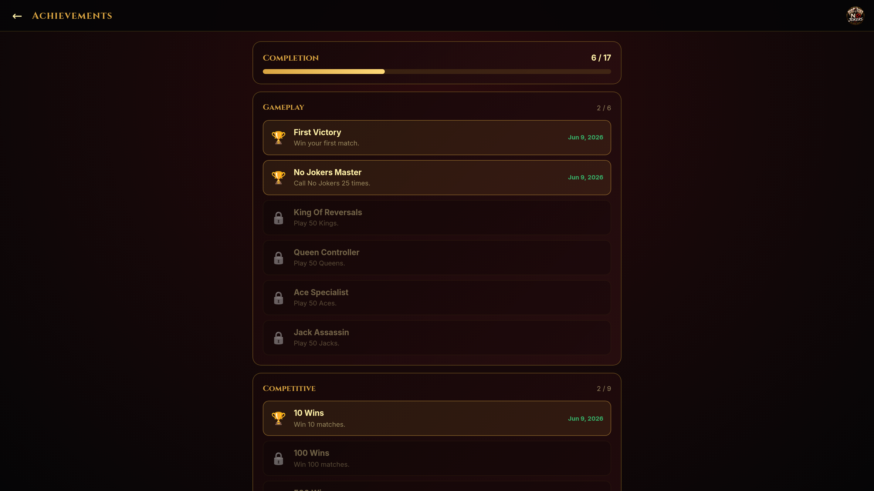 Achievements screen showing game milestones, completion tracking, and challenge rewards