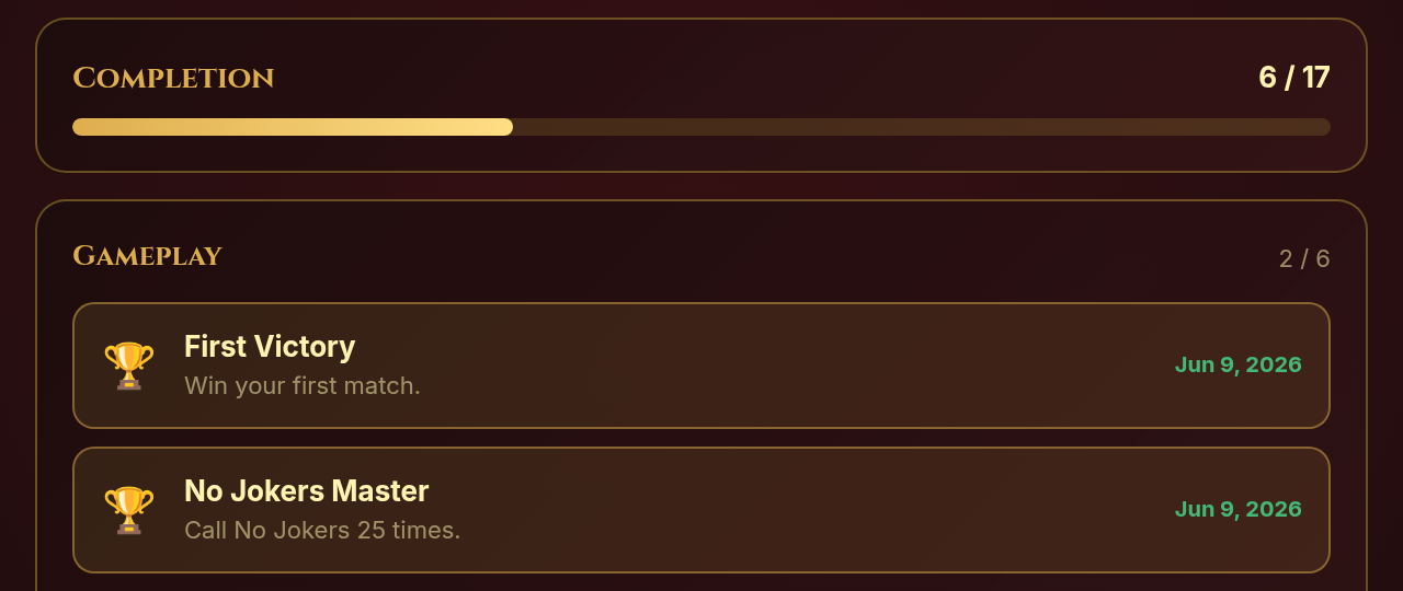 Achievements detail showing completion progress and the First Victory and No Jokers Master milestones