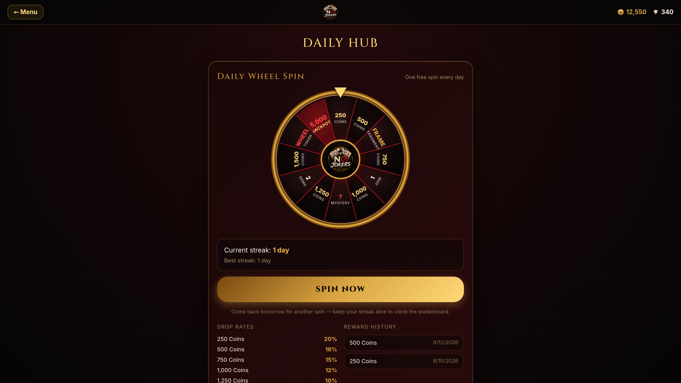 Daily Spin Hub showing the daily spin wheel, streak tracking, drop rates, and reward history