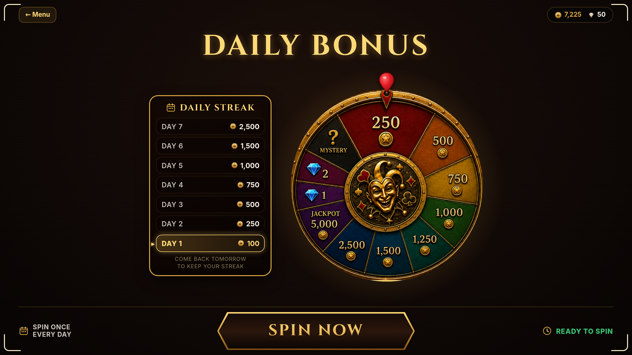 Daily Spin Hub showing the daily spin wheel, streak tracking, drop rates, and reward history