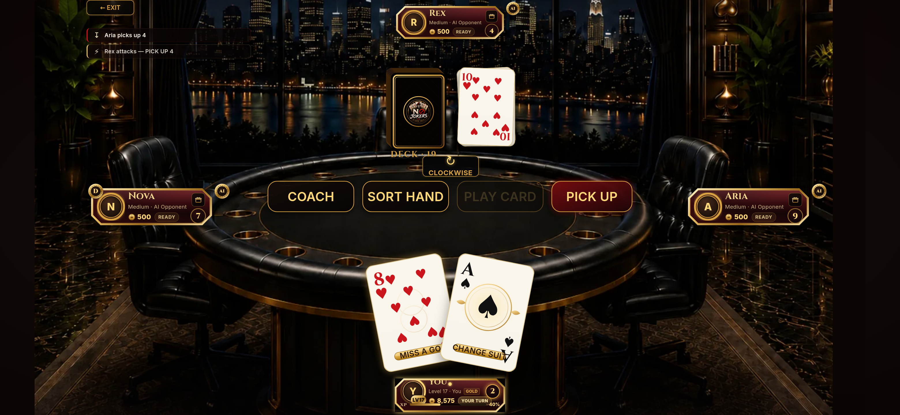 No Jokers Black Jack — hand of cards with Pick Up 4 active