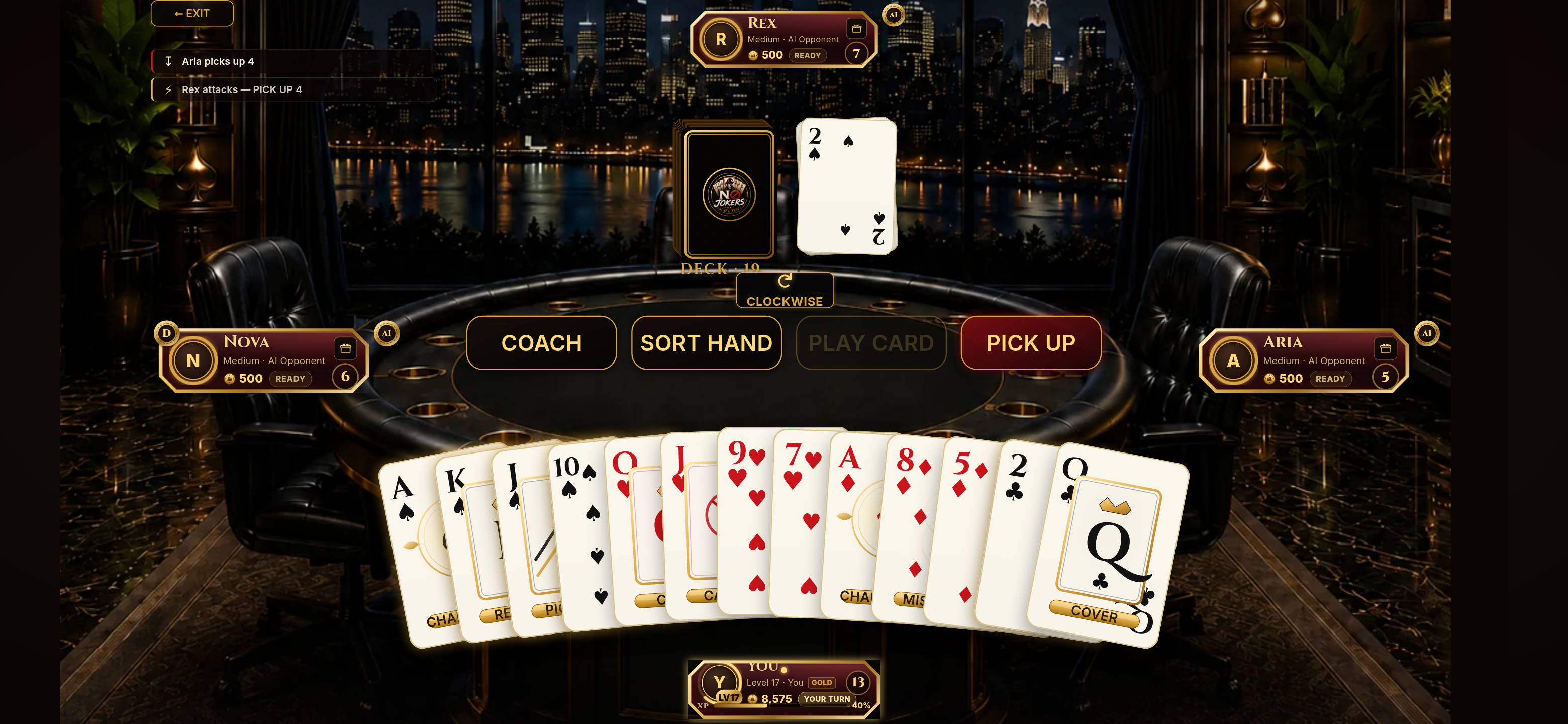 No Jokers Black Jack — full hand displayed, your turn