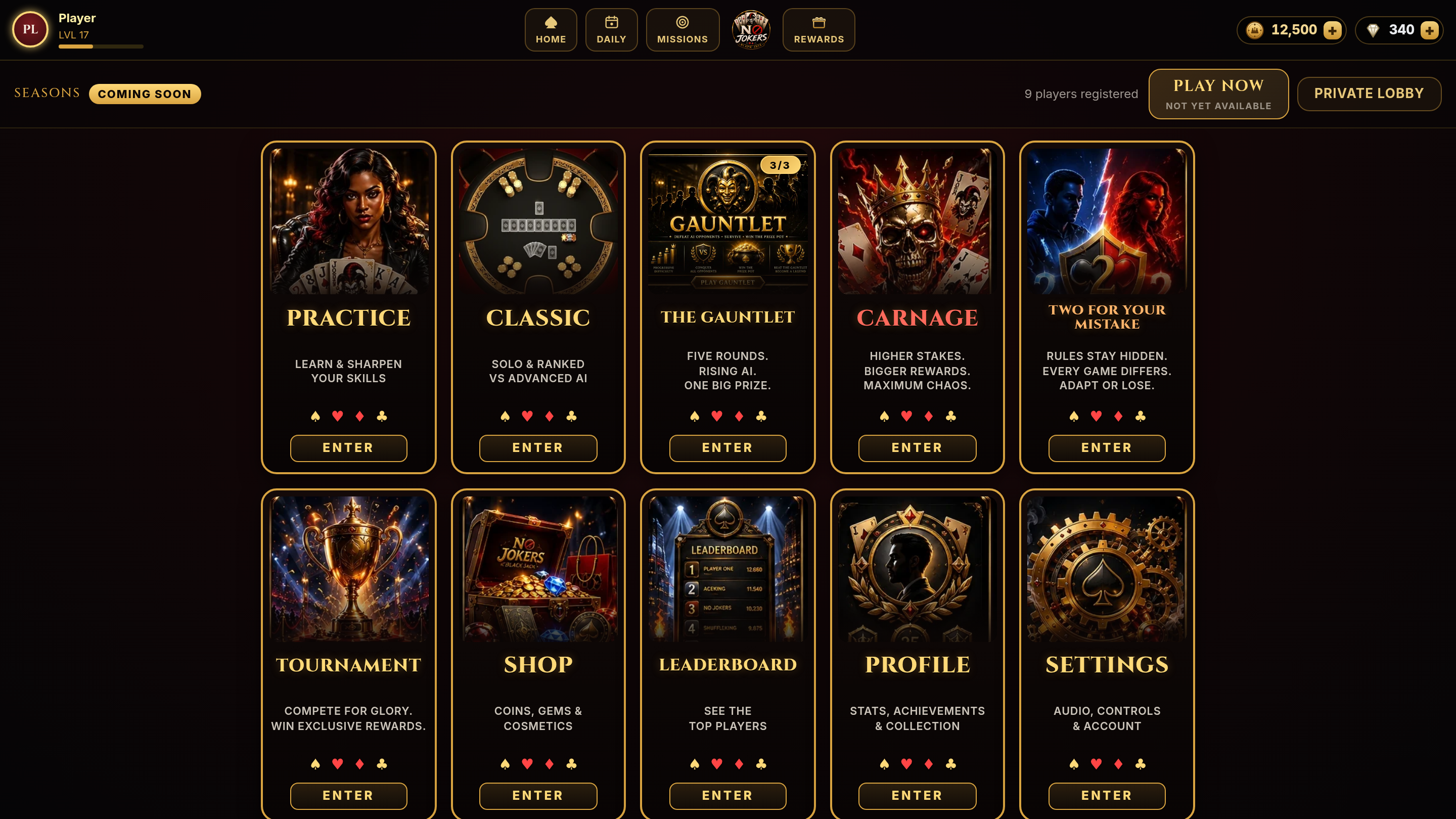 No Jokers Black Jack main lobby — choose from Classic, Practice, The Gauntlet, Carnage, Tournament, Shop, and Leaderboard