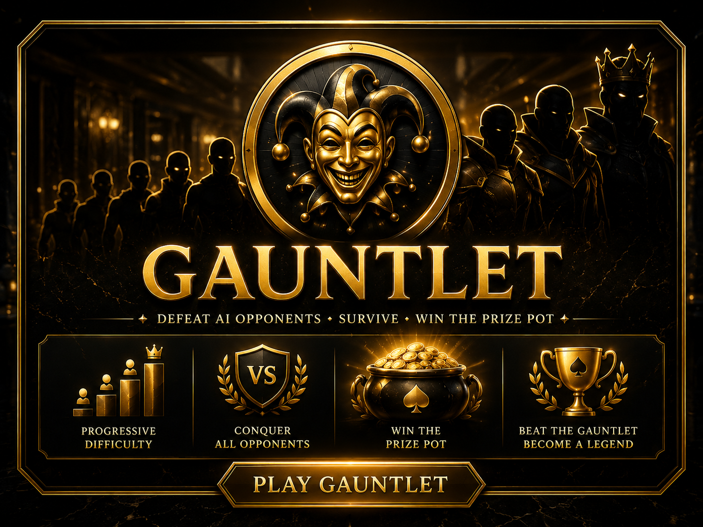 The Gauntlet mode — joker medallion with shadowy opponents in a dark corridor