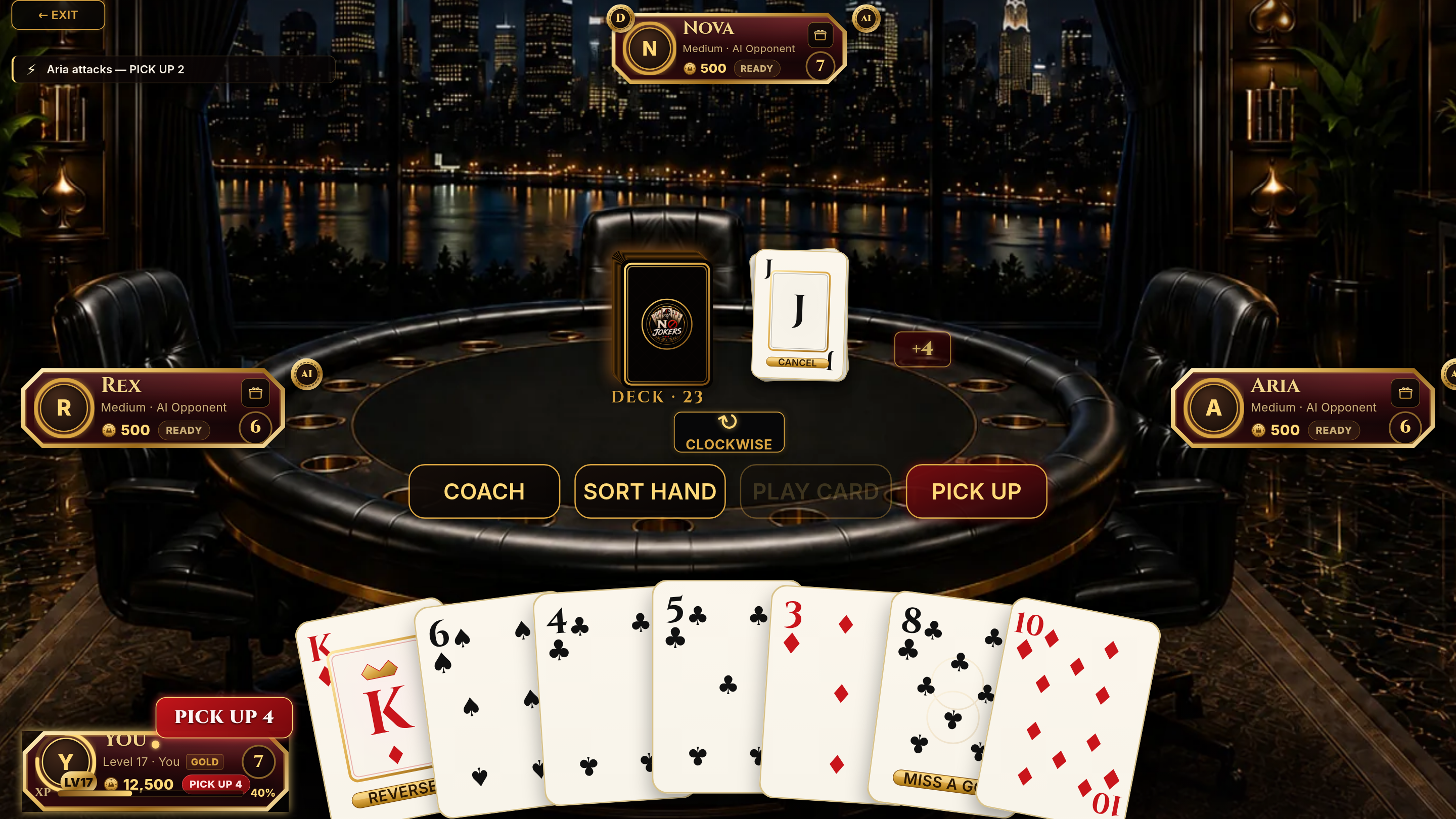 Live gameplay — J♠ Pick Up Four power card in play, night skyline