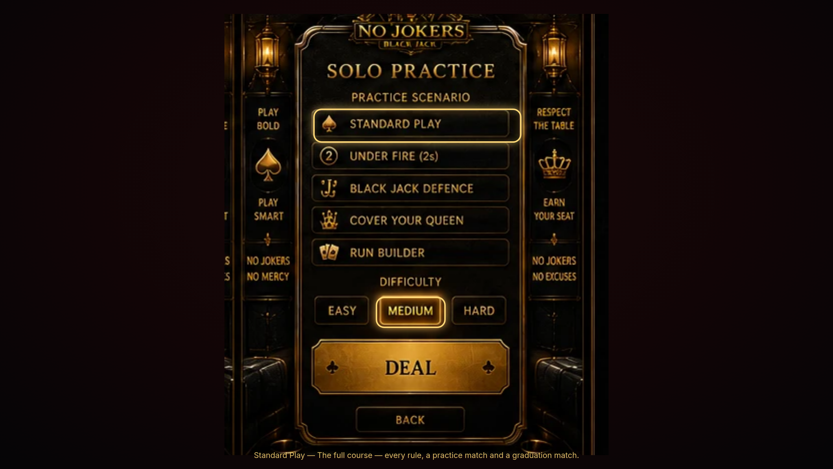 Solo Practice menu showing modes — Standard Play, Under Fire, Black Jack Defence, Cover Your Queen, and Run Builder