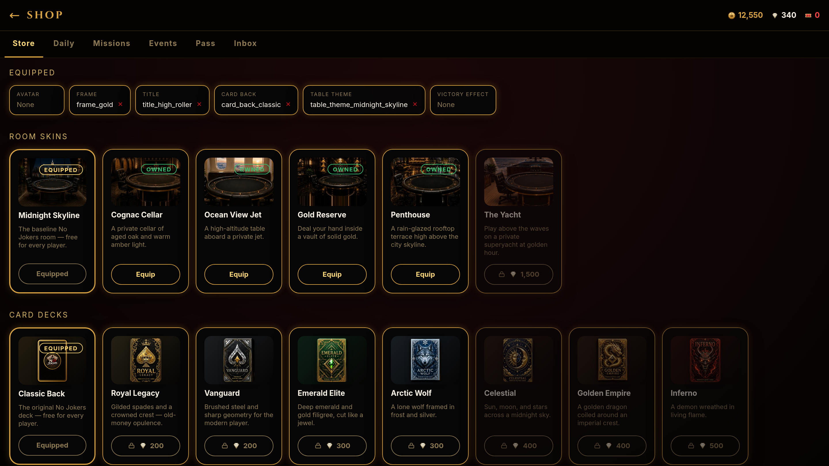In-game shop showing room skins — Midnight Skyline, Cognac Cellar, Ocean View Jet, Gold Reserve, Penthouse, and The Yacht — plus card decks and cosmetics