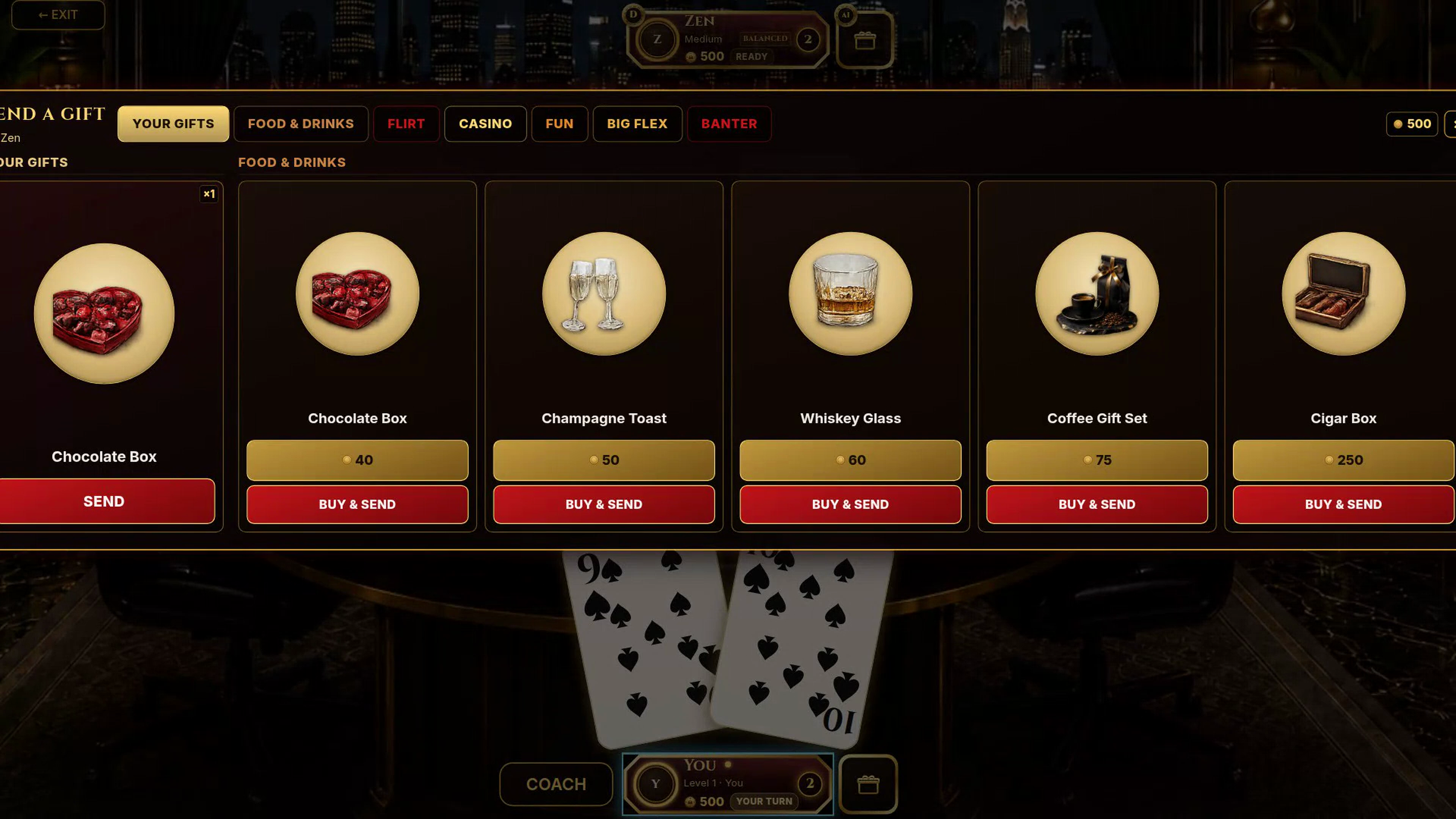 In-game shop showing SEND A GIFT tray with Zen as recipient and the Chocolate Box selected