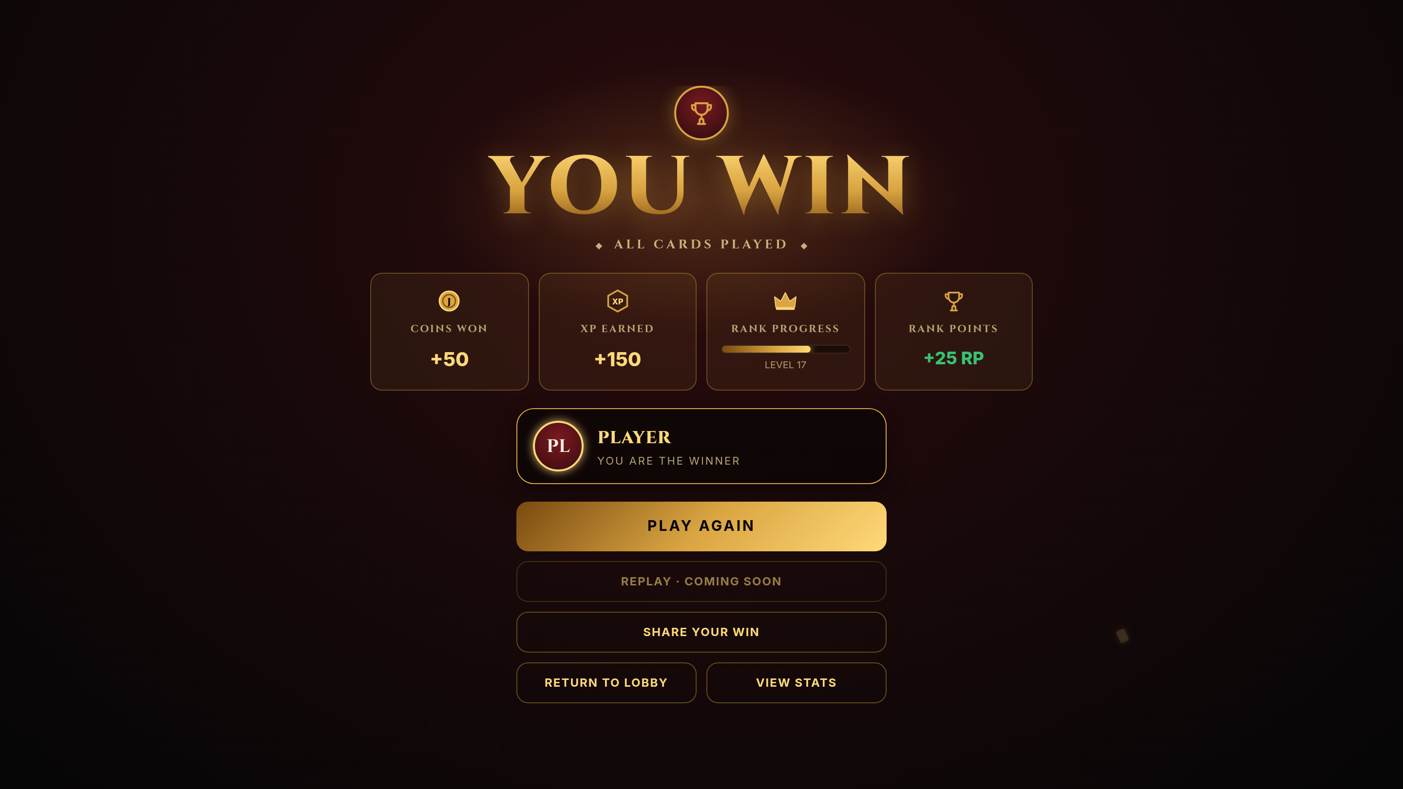 Victory screen — coins, XP, and rank points awarded after winning a hand