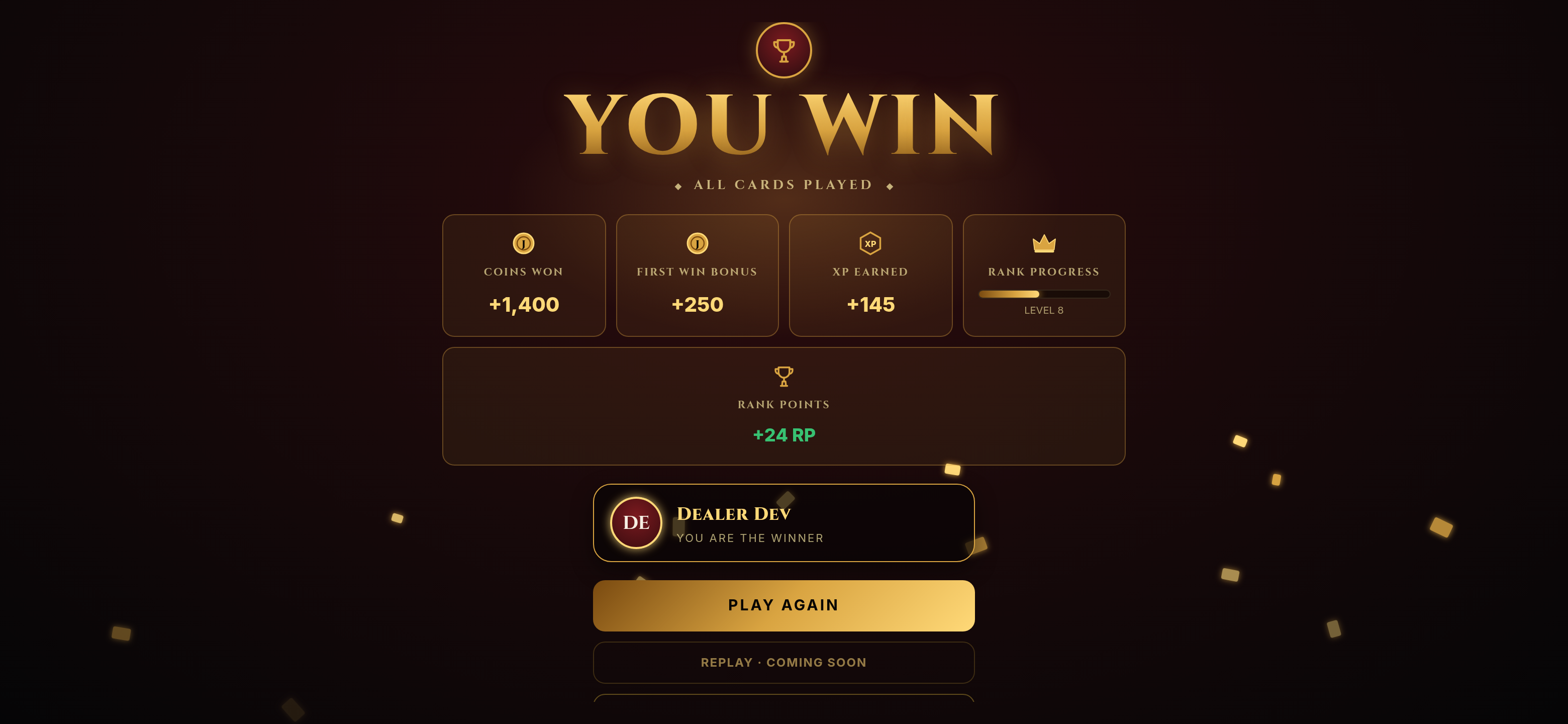 Win screen — coins earned, first win bonus, XP gained and rank points awarded