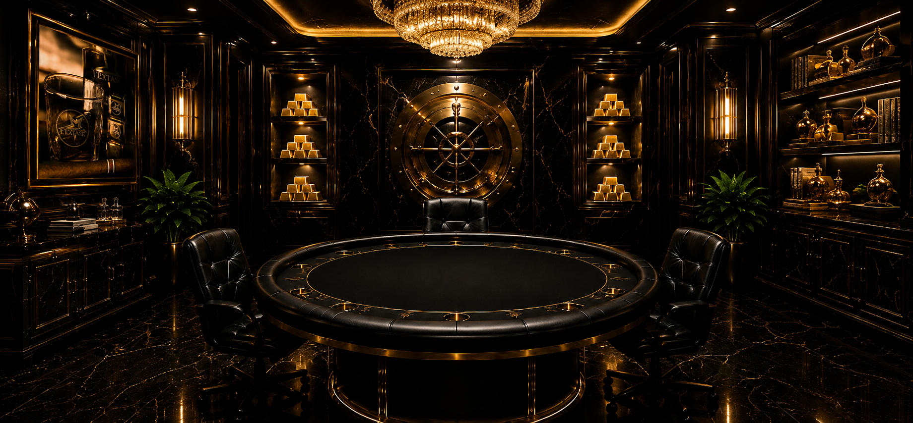 Gold Reserve — a vault room with gold bars and chandelier