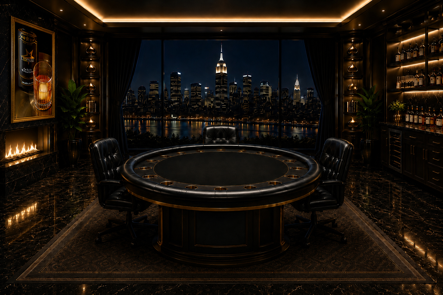 Midnight Skyline — a dark NYC night room with city skyline