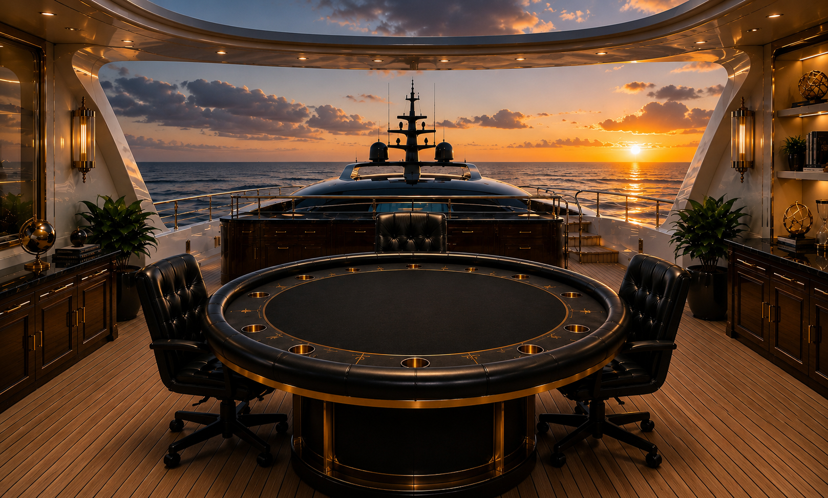 Private Jet — luxury yacht deck at sunset