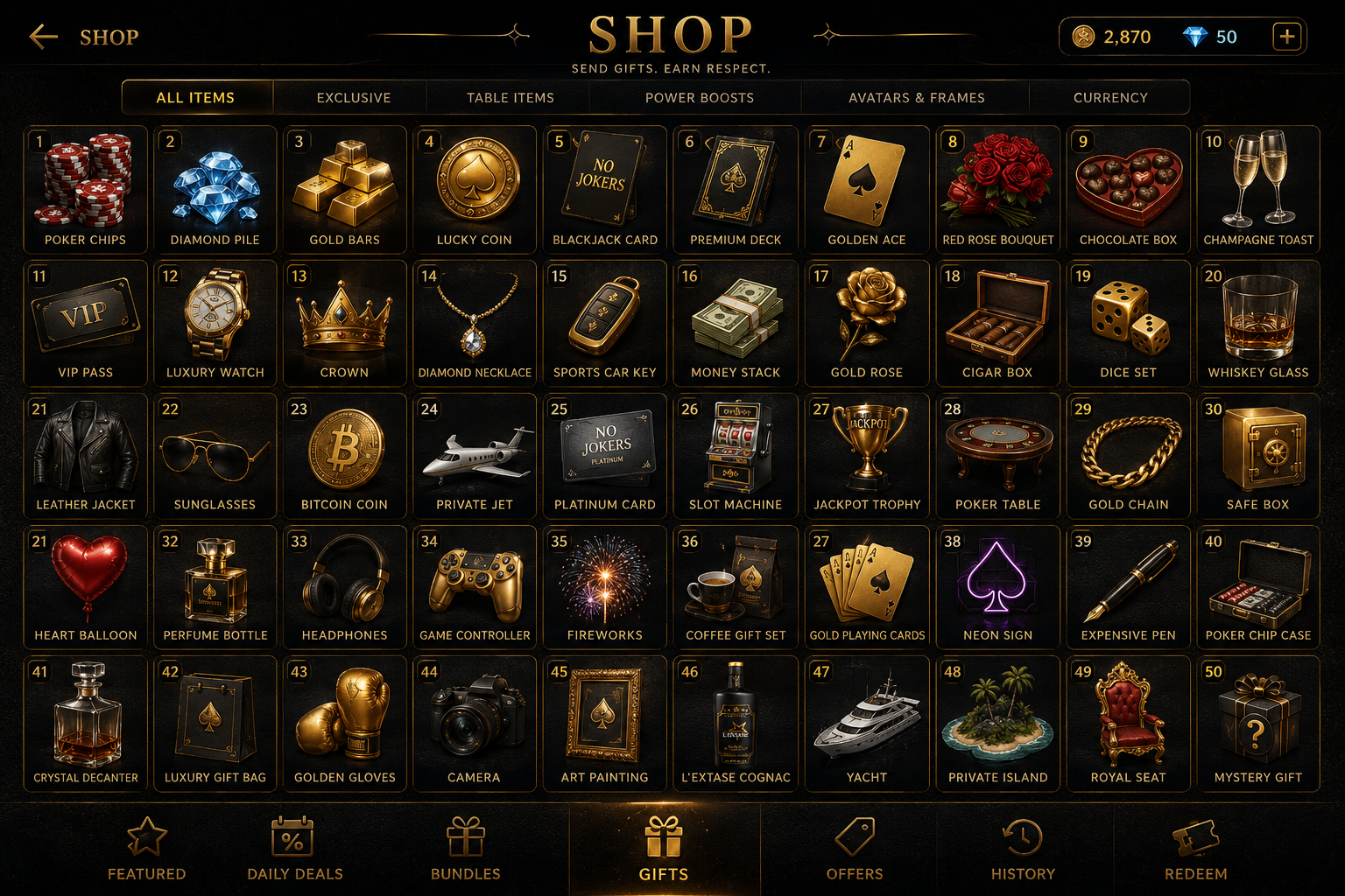 In-game shop showing 50 purchasable items including cosmetics, gifts, and currency